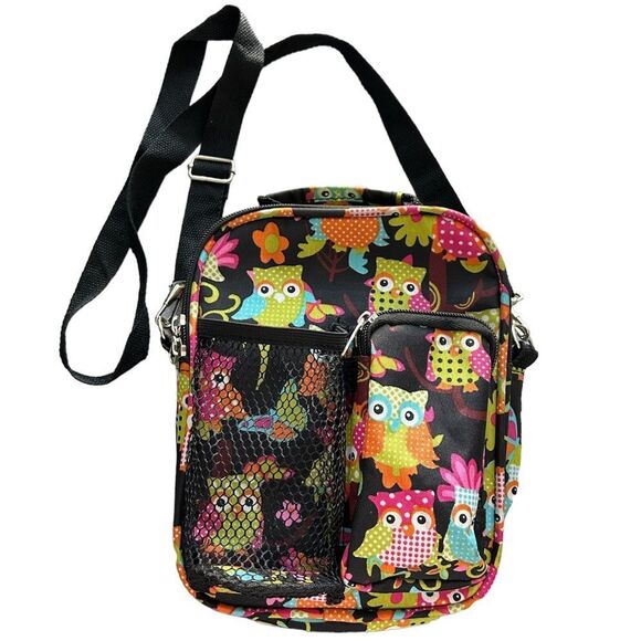 Owl Colorful Print Black Canvas Multi Compartment Crossbody Shoulder Bag - Picture 2 of 6
